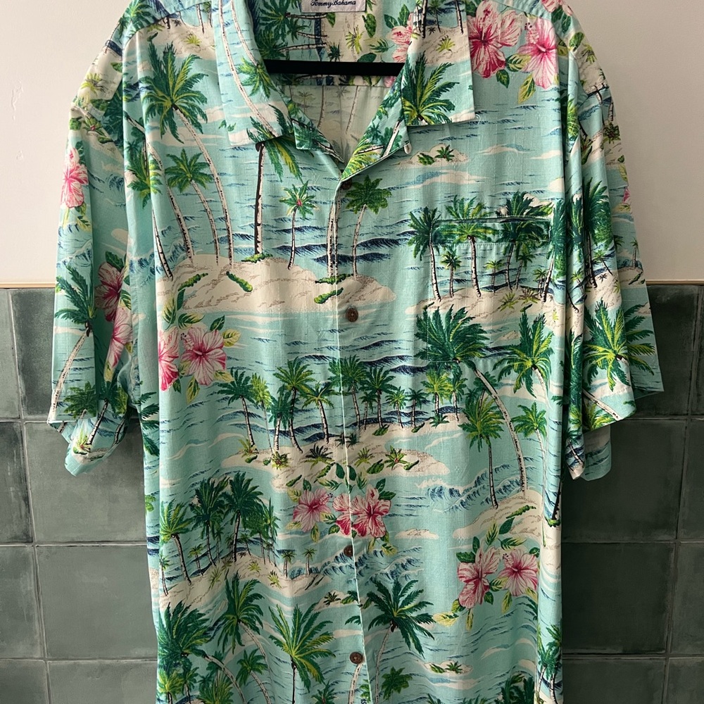 Tommy Bahama Green and Blue Palm Print Shirt
